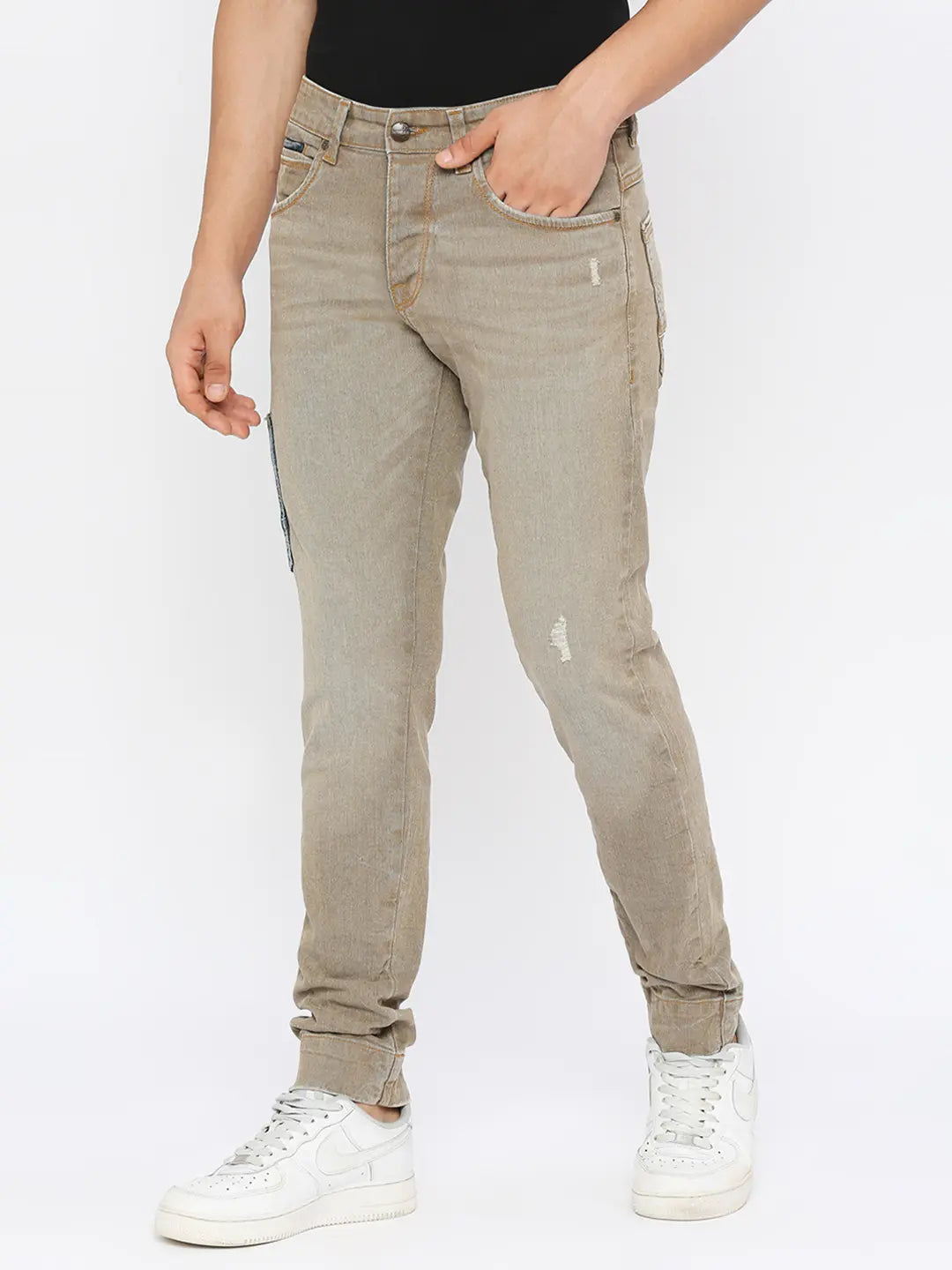 Spykar Men Light Khaki Cotton Comfort Fit Narrow Length Mildly Distressed High Rise Jeans-(Trooper)