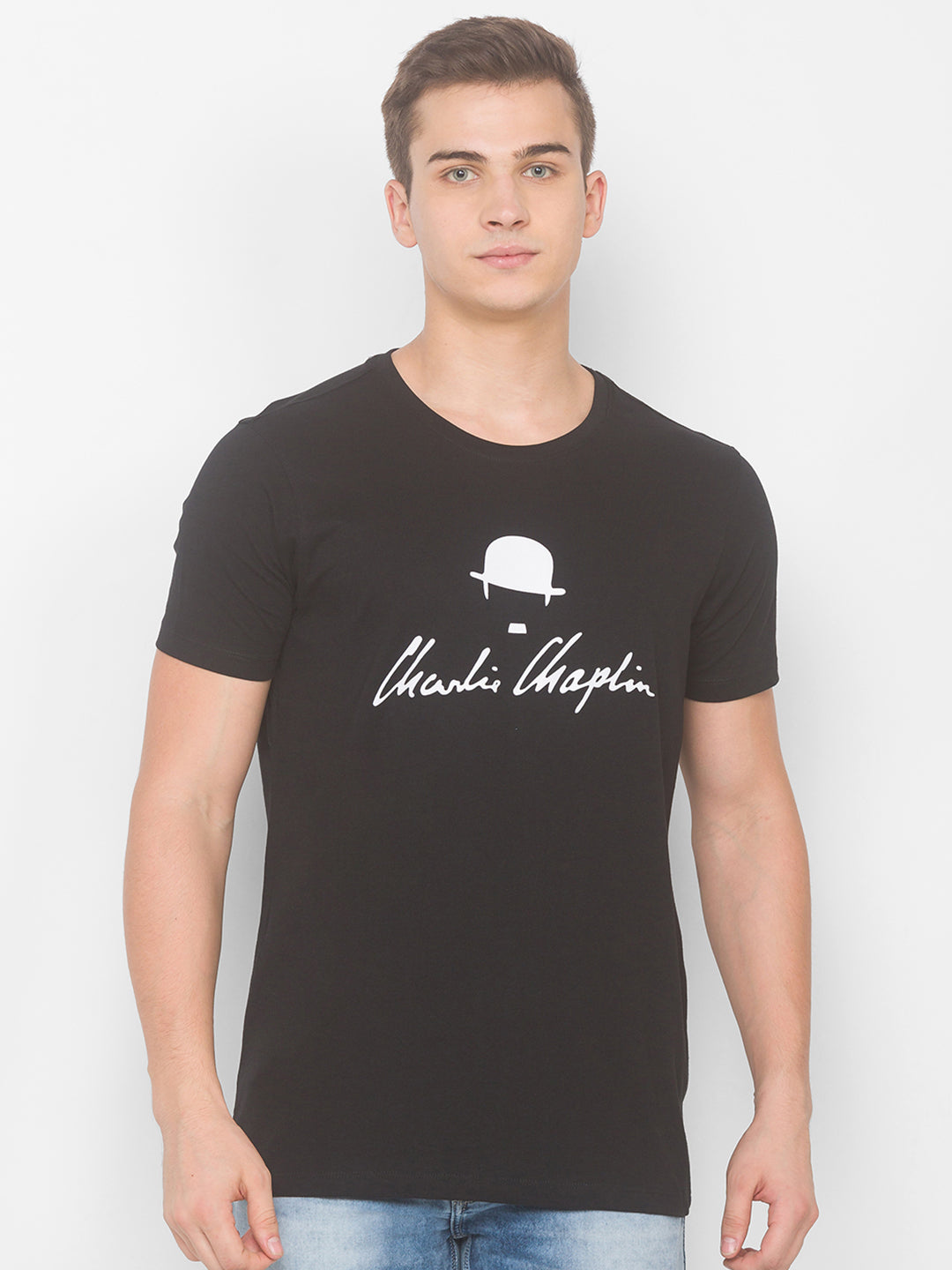 Charlie Chaplin Spykar Men Black Cotton Slim Fit Round Neck T-Shirt