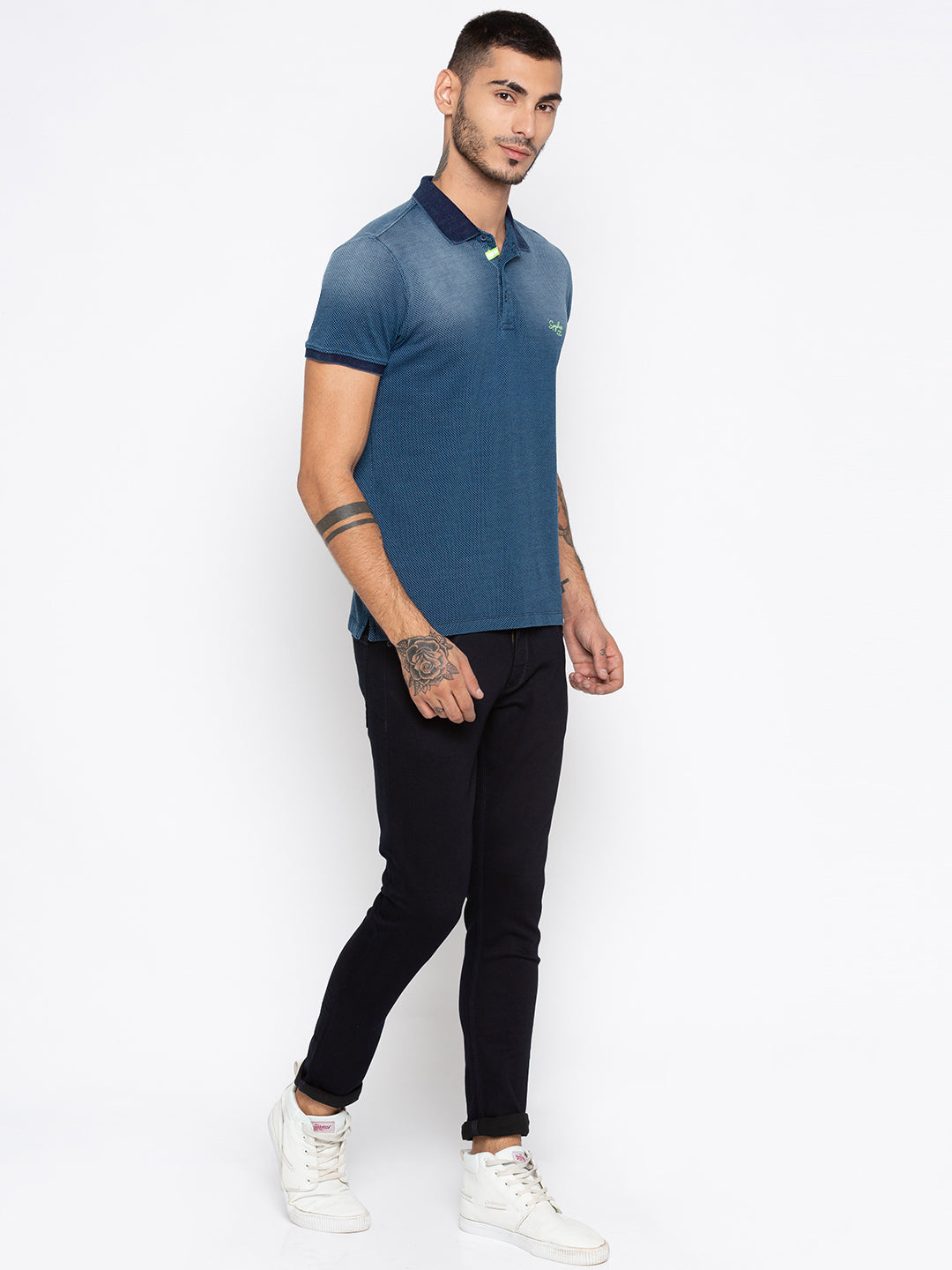 Spykar Men Blue Cotton Slim Fit Polo T-Shirt