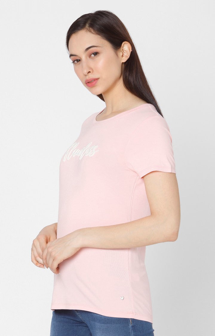 Spykar Women Pink Cotton Slim Fit Round Neck T-Shirt