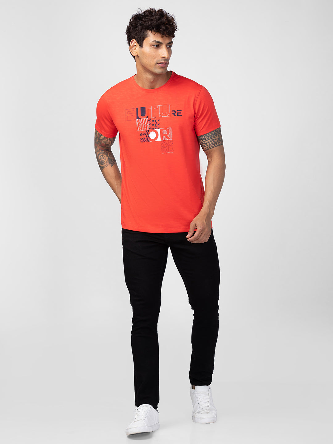 Spykar Men Deep Coral Cotton Regular Fit Half Sleeve Printed T-Shirt