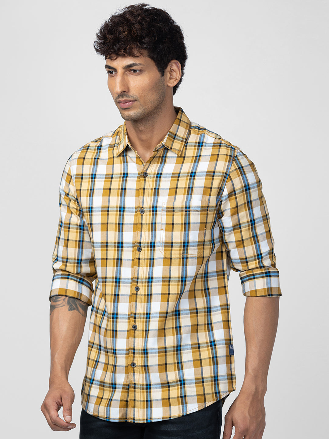 Spykar Men Camel Khaki Cotton Slim Fit Checkered Shirt