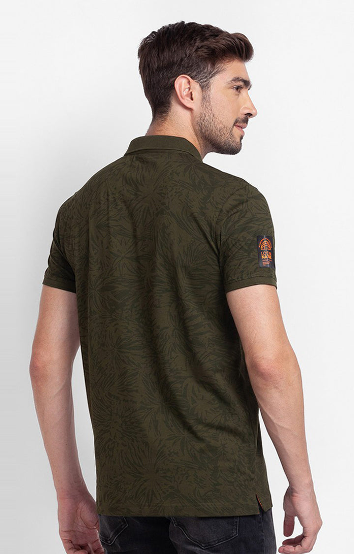 Spykar Rifle Green Cotton Half Sleeve Printed Casual Polo T-shirt For Men