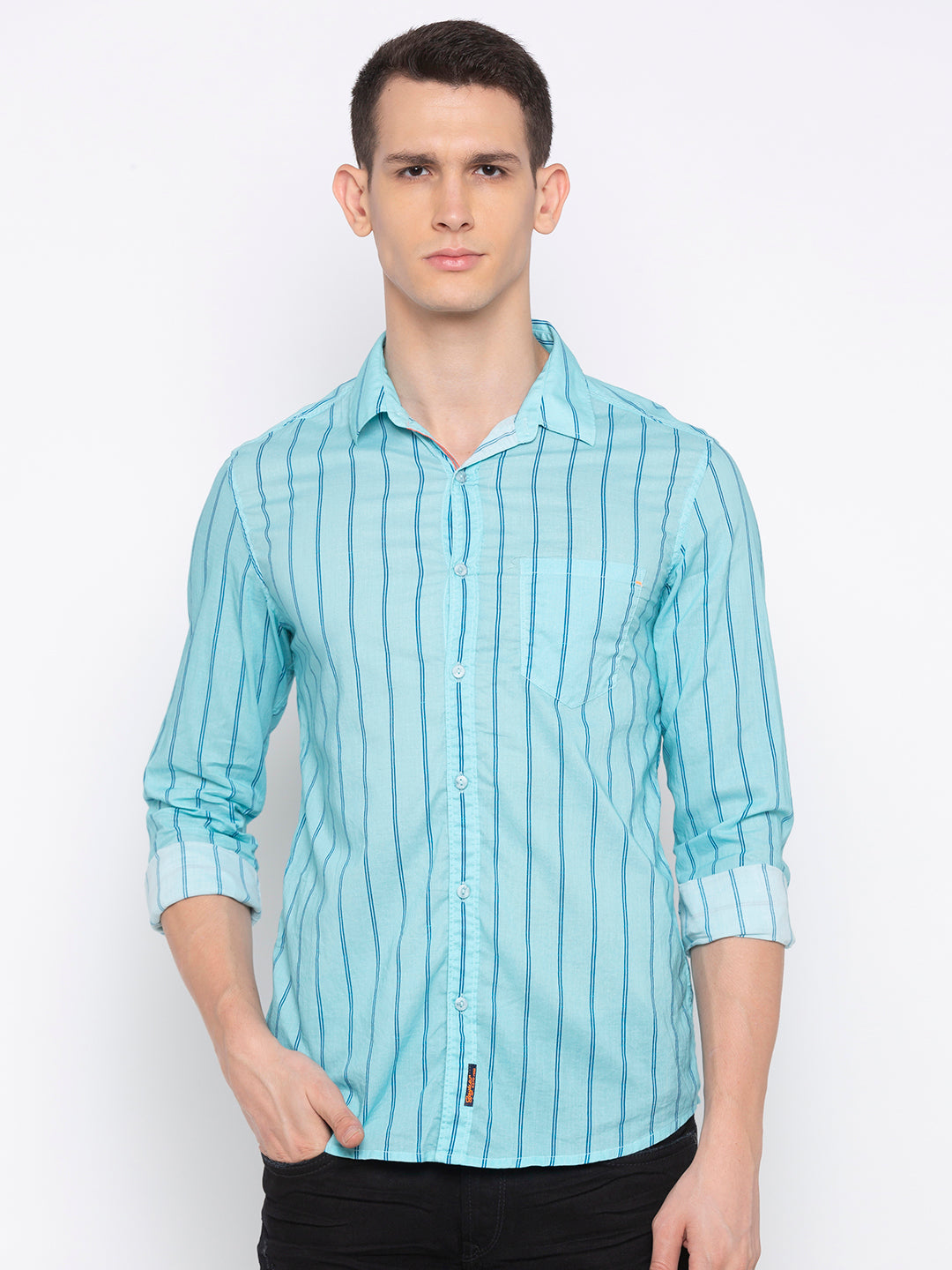 Spykar Men Mint Blue Cotton Slim Fit Shirt