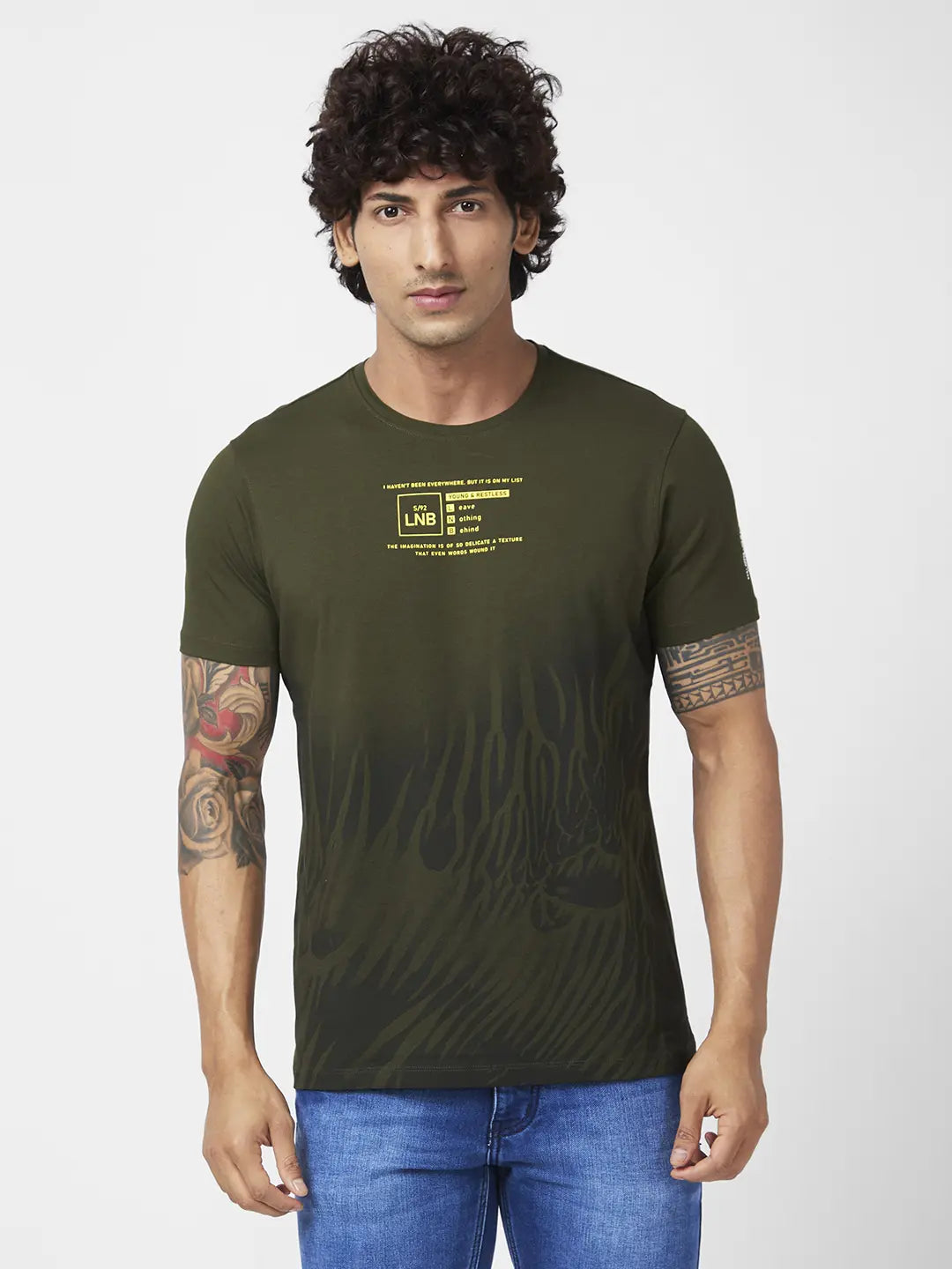 Spykar Men Rifle Green Blended Slim Fit Half Sleeve Round Neck Casual Printed Tshirt