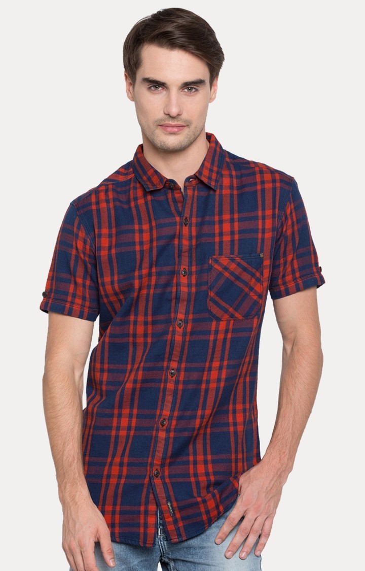 Spykar Men'S Blue Cotton Checked Casual Shirts