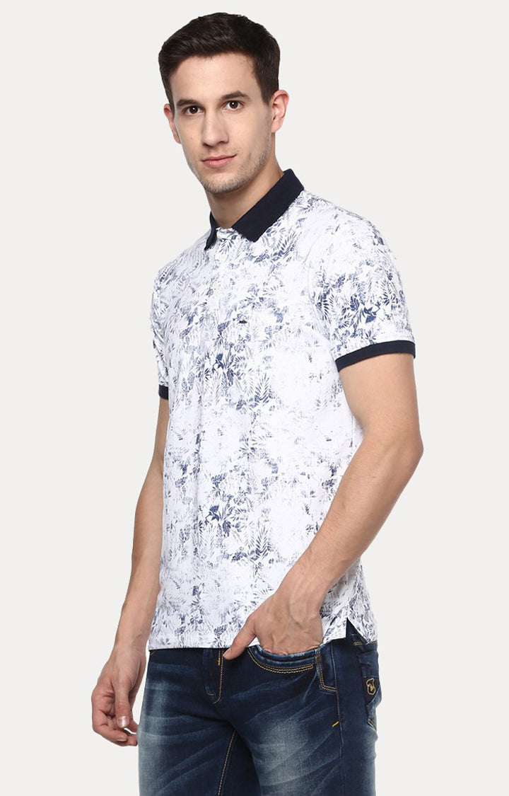 Spykar White Printed Slim Fit Polo T-Shirt