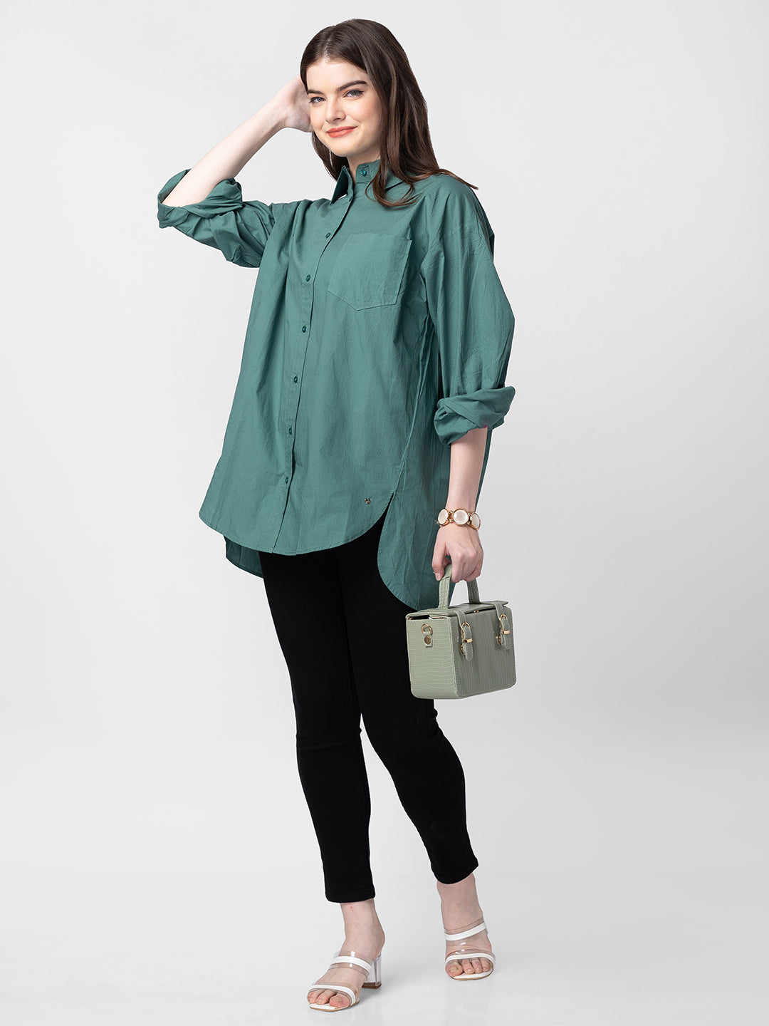 Spykar Women Deep Green Cotton Regular Fit Plain Asymmetric Shirt