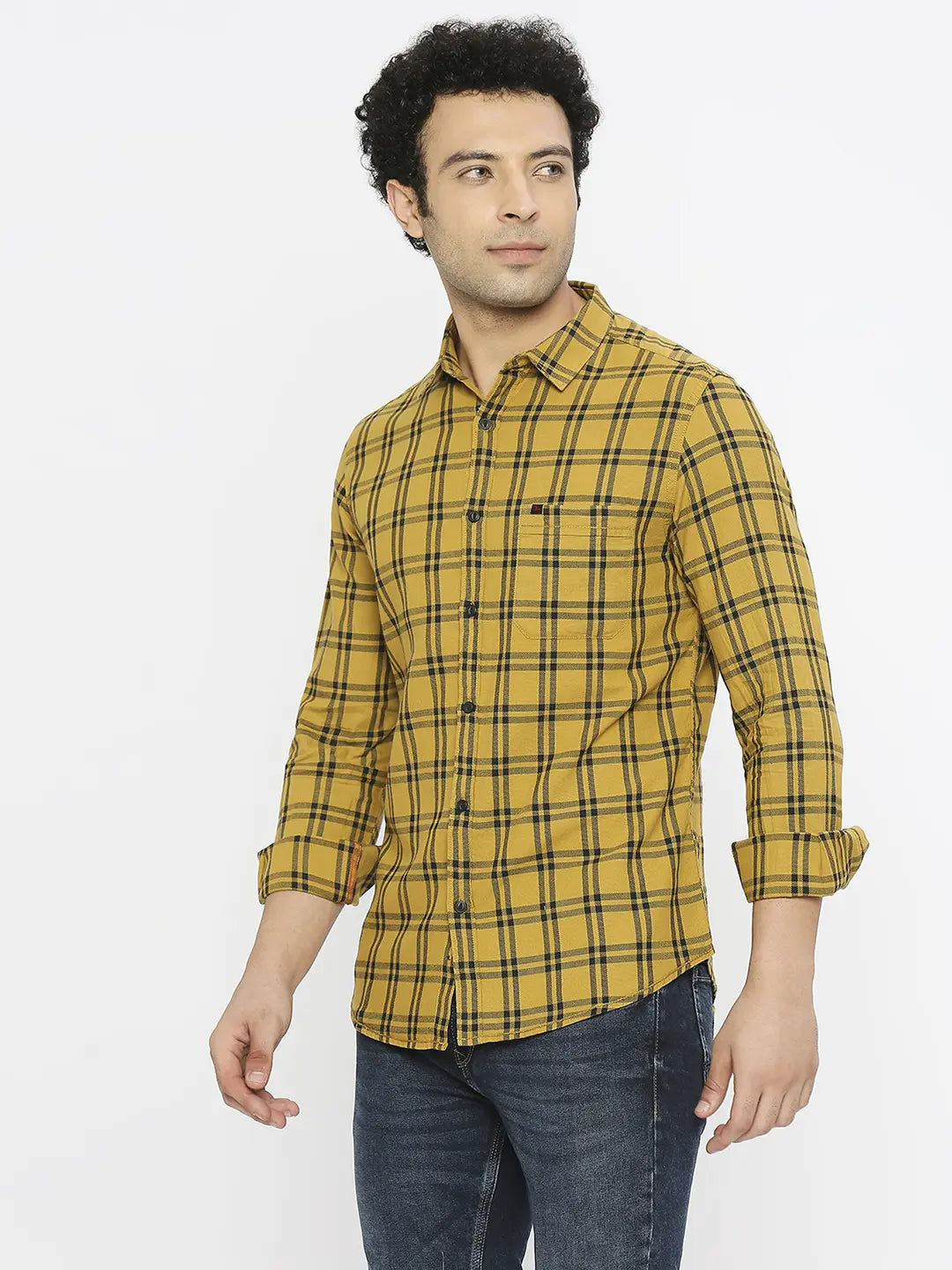 Spykar Men Khaki Cotton Slim Fit Full Sleeve Checkered Shirt