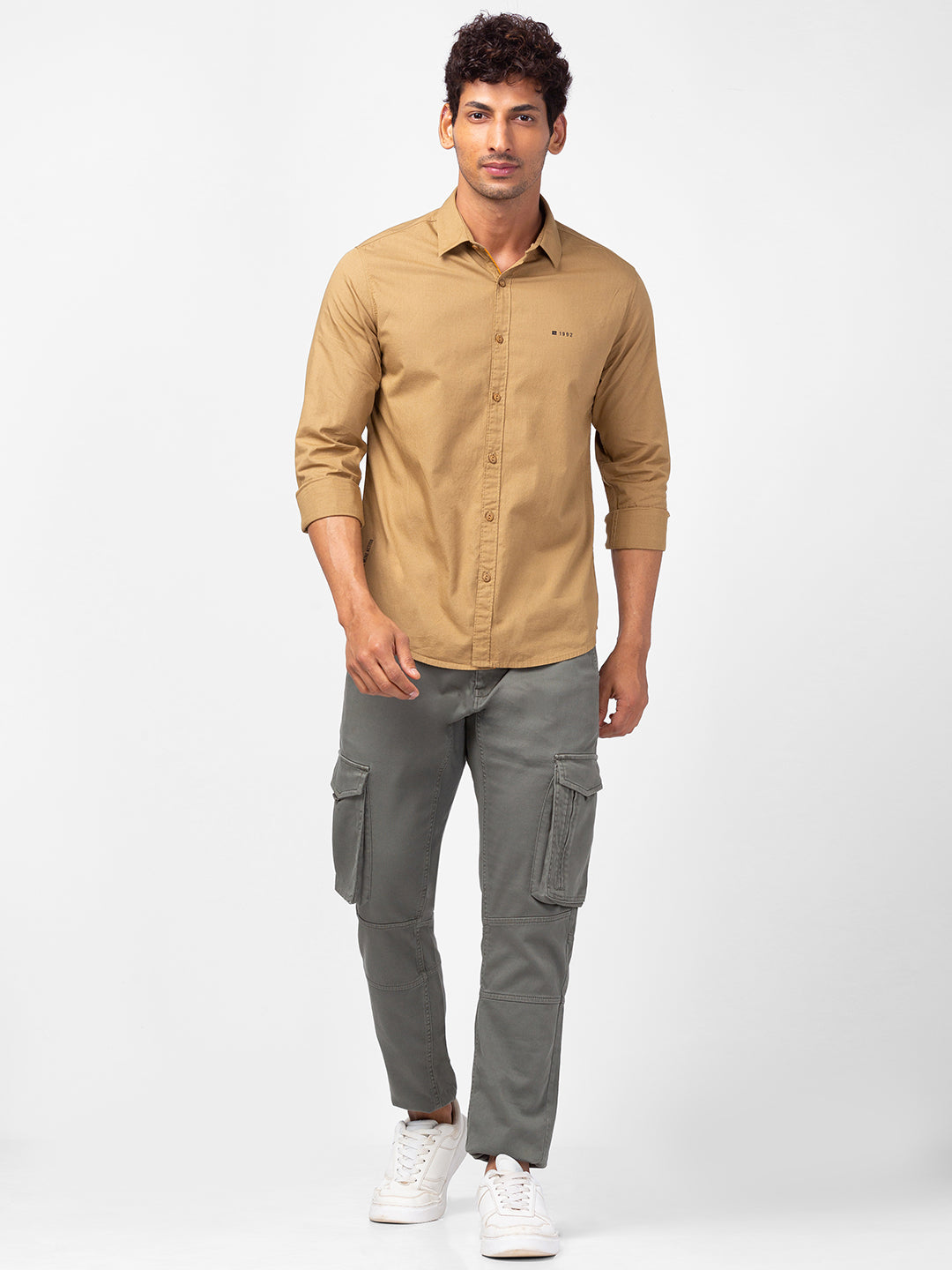 Spykar Men Khaki Cotton Slim Fit Plain Shirts