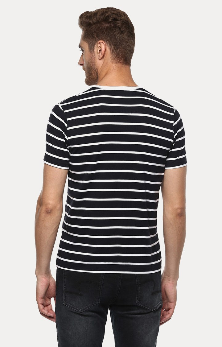 Spykar Navy Blue Striped Slim Fit Men T-Shirts