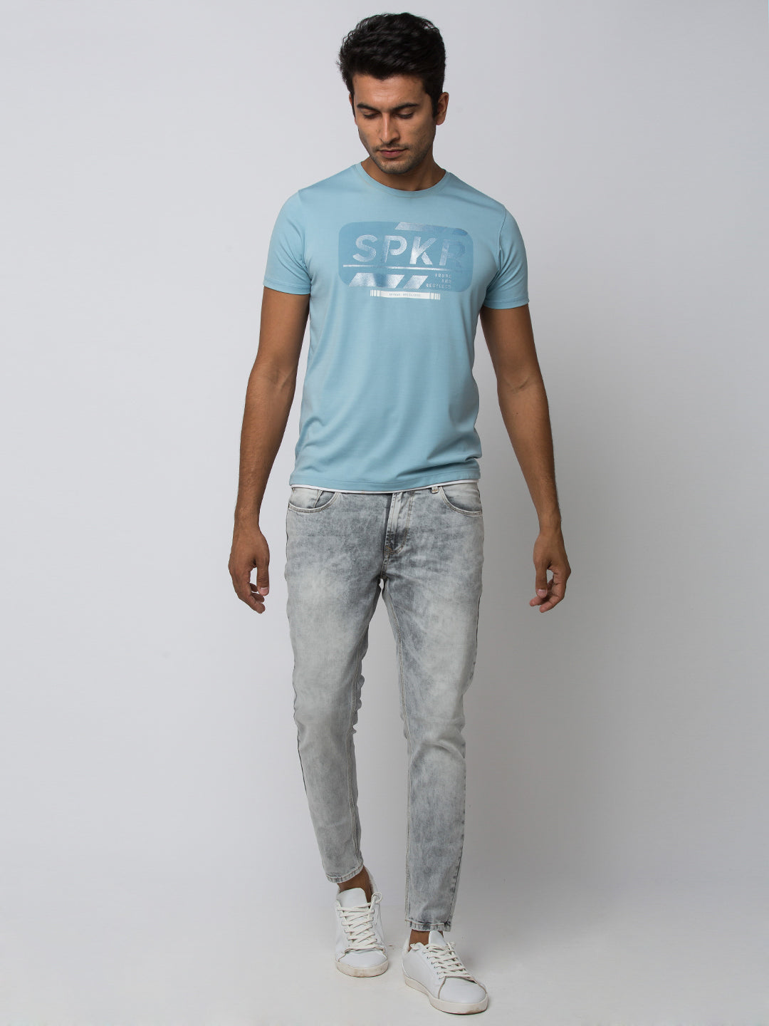 Spykar Men Powder Blue Blended Slim Fit T-Shirt