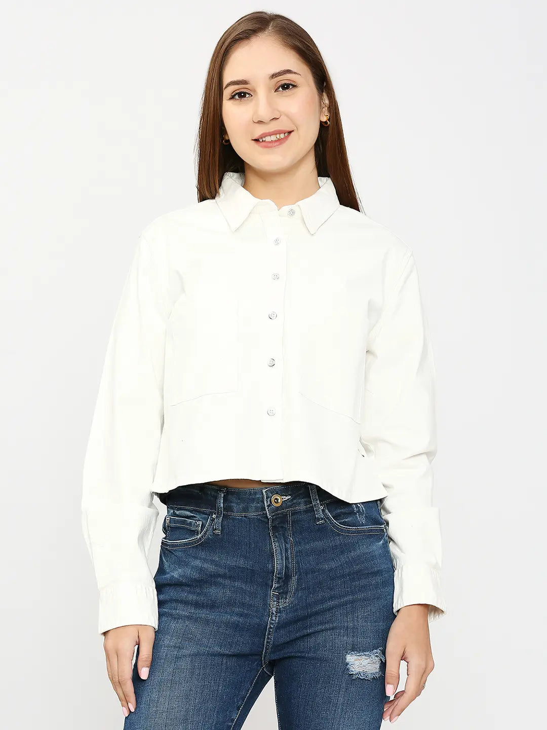 Spykar Women Off White Cotton Slim Fit Plain Crop Shirts