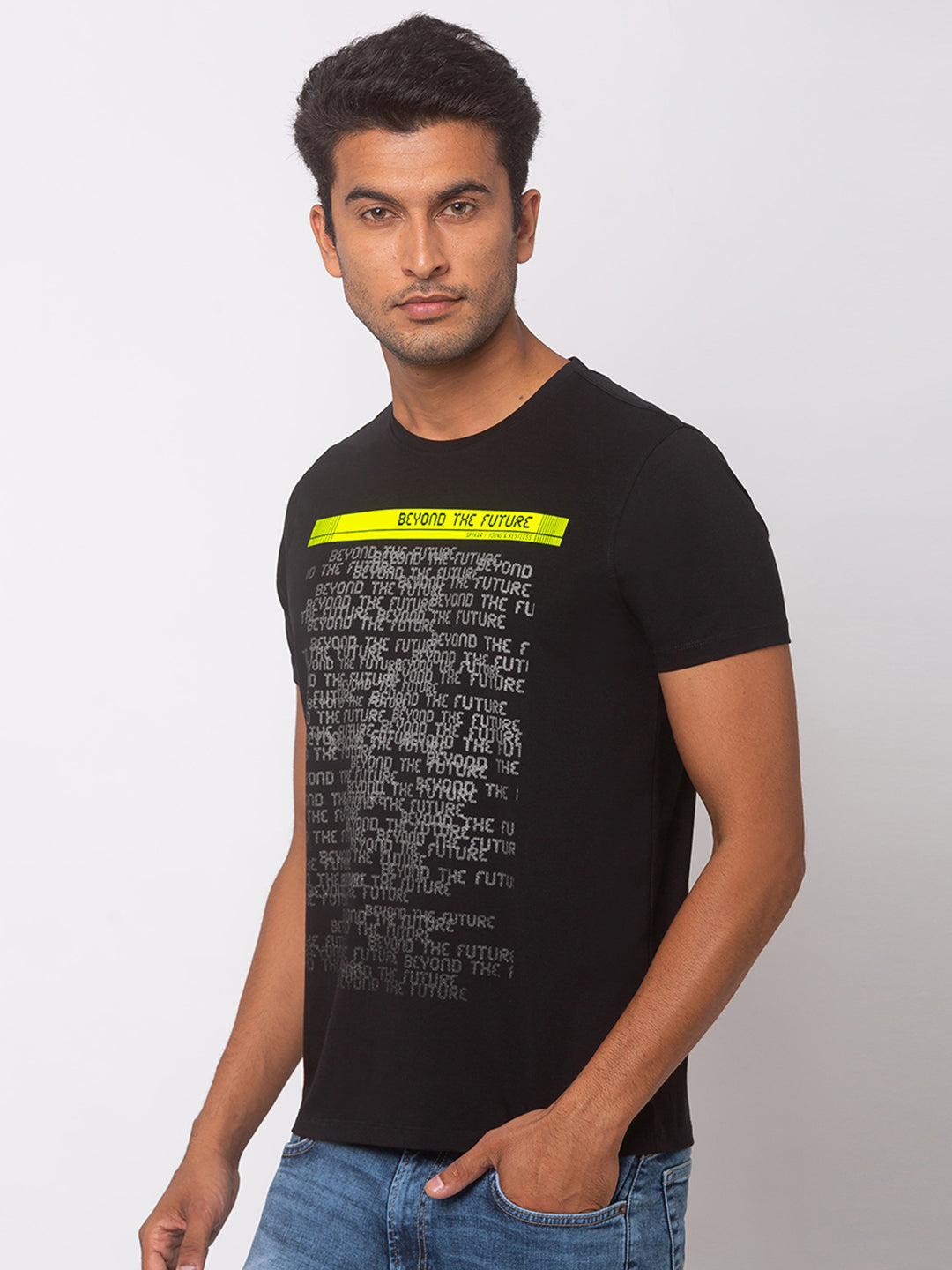 Spykar Men Black Cotton Slim Fit Round Neck T-Shirt