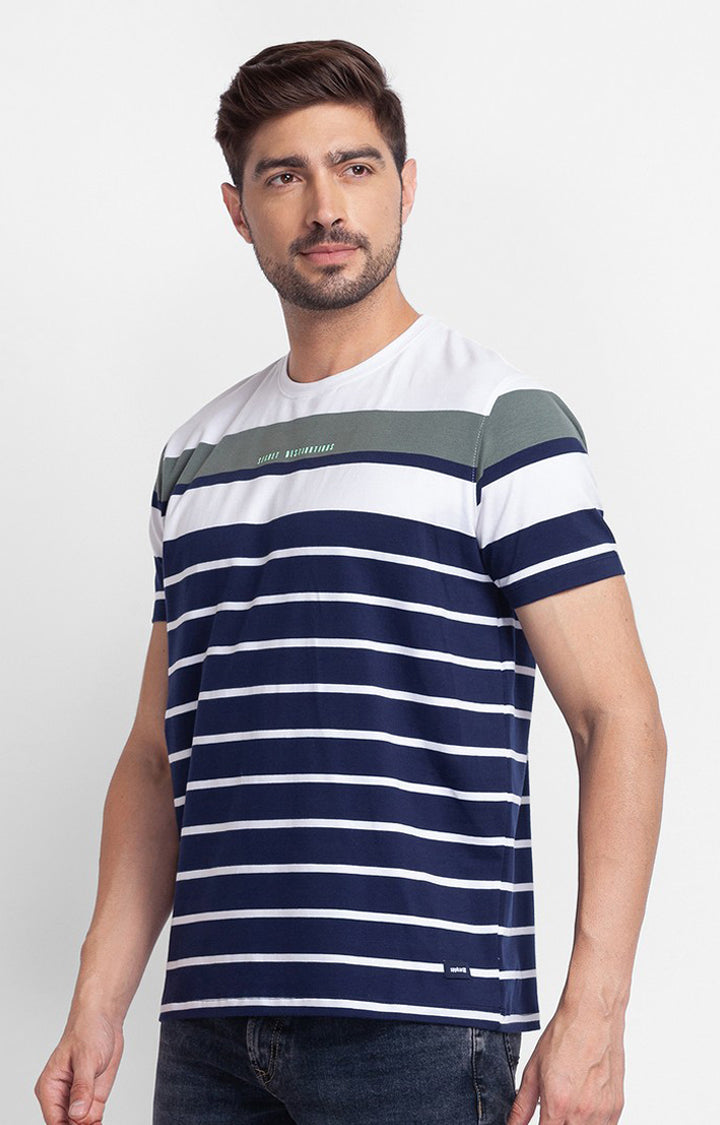 Spykar White Cotton Half Sleeve Stripes Casual T-Shirt For Men