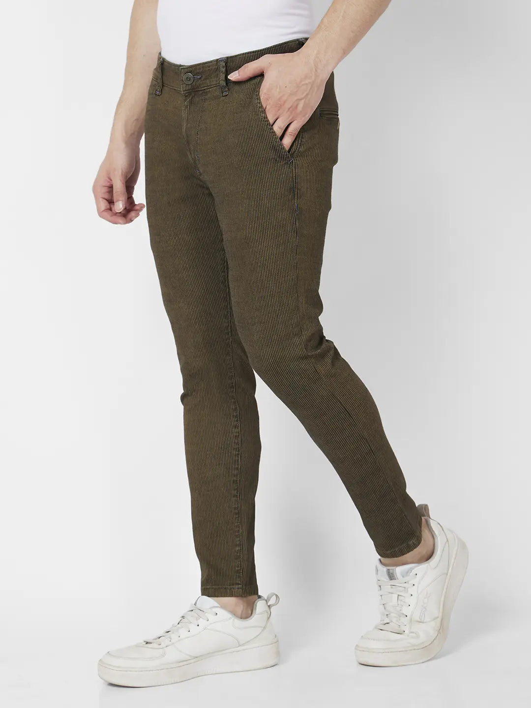 Spykar Men Khaki Cotton Slim Fit Tapered Length Low Distressed Mid Rise Jeans (Kano)