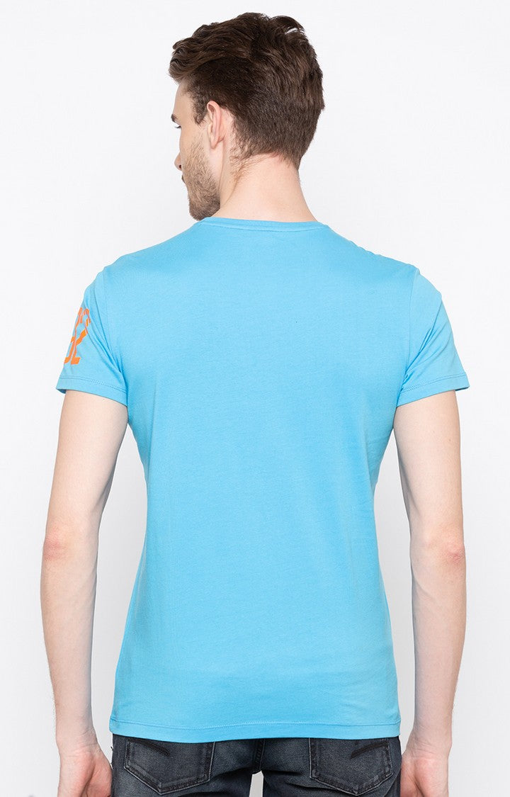 Spykar Sky Blue Printed Slim Fit Men T-Shirts