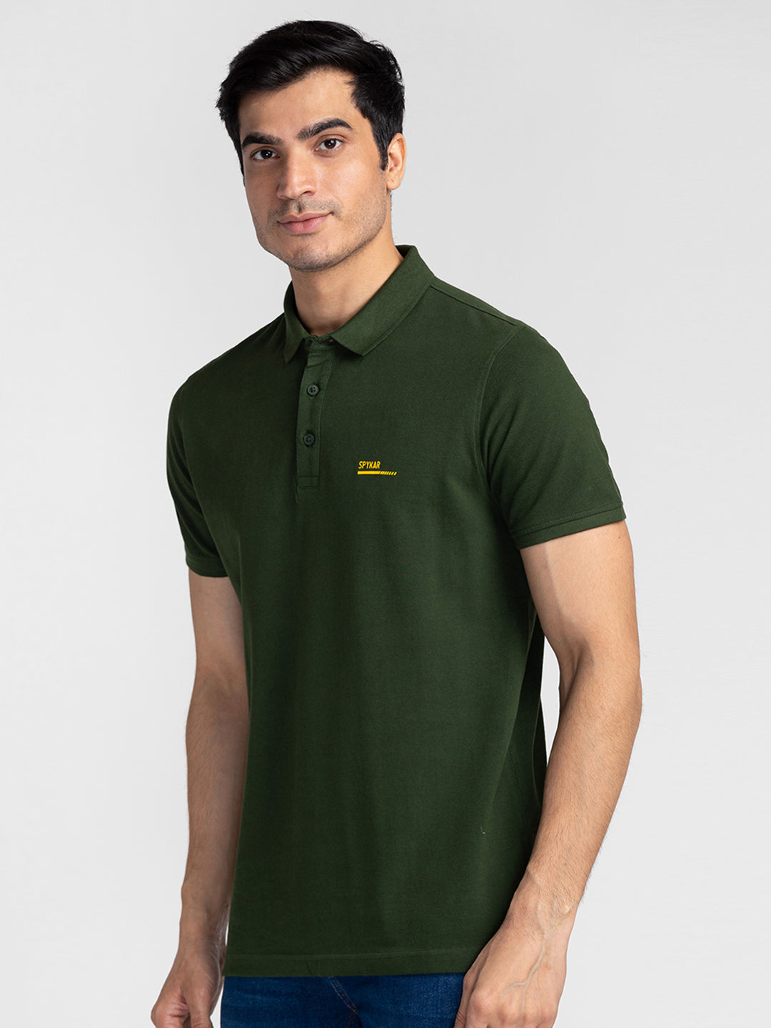 Spykar Men Rifle Green Cotton Slim Fit Polo Plain T-Shirt