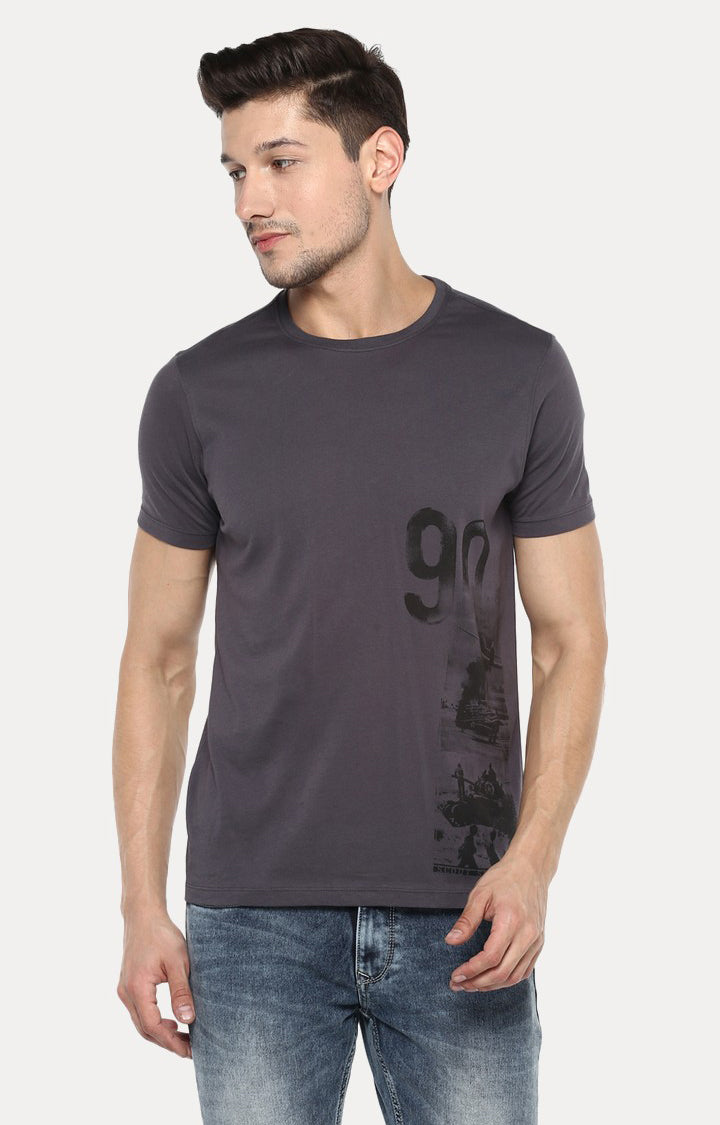 Spykar Grey Cotton Slim Fit T-Shirt For Men