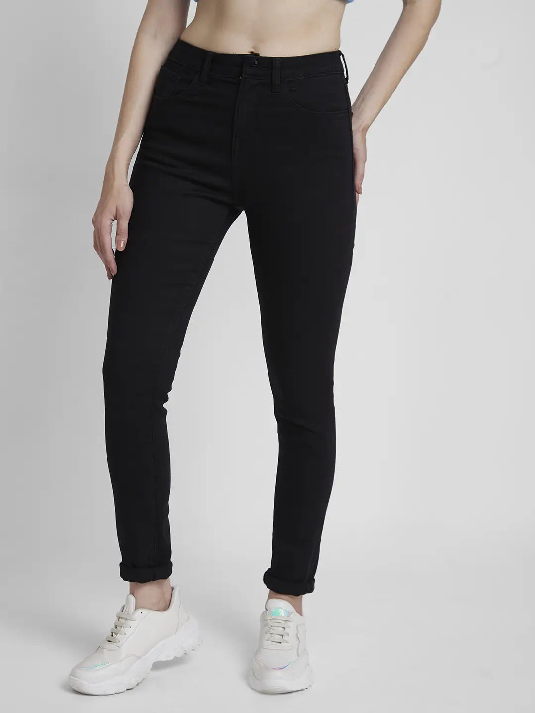 Spykar Women Raw Black Lycra Skinny Fit Regular Length Clean Look Jeans -(Adora)