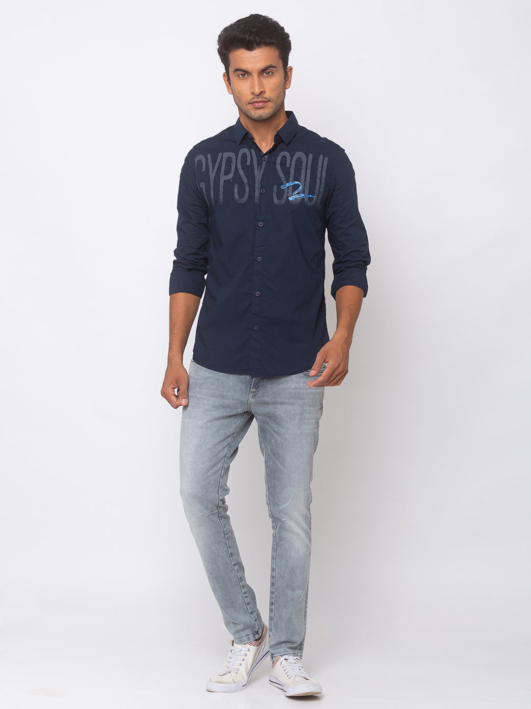 Spykar Men Navy Blue Cotton Slim Fit Shirt