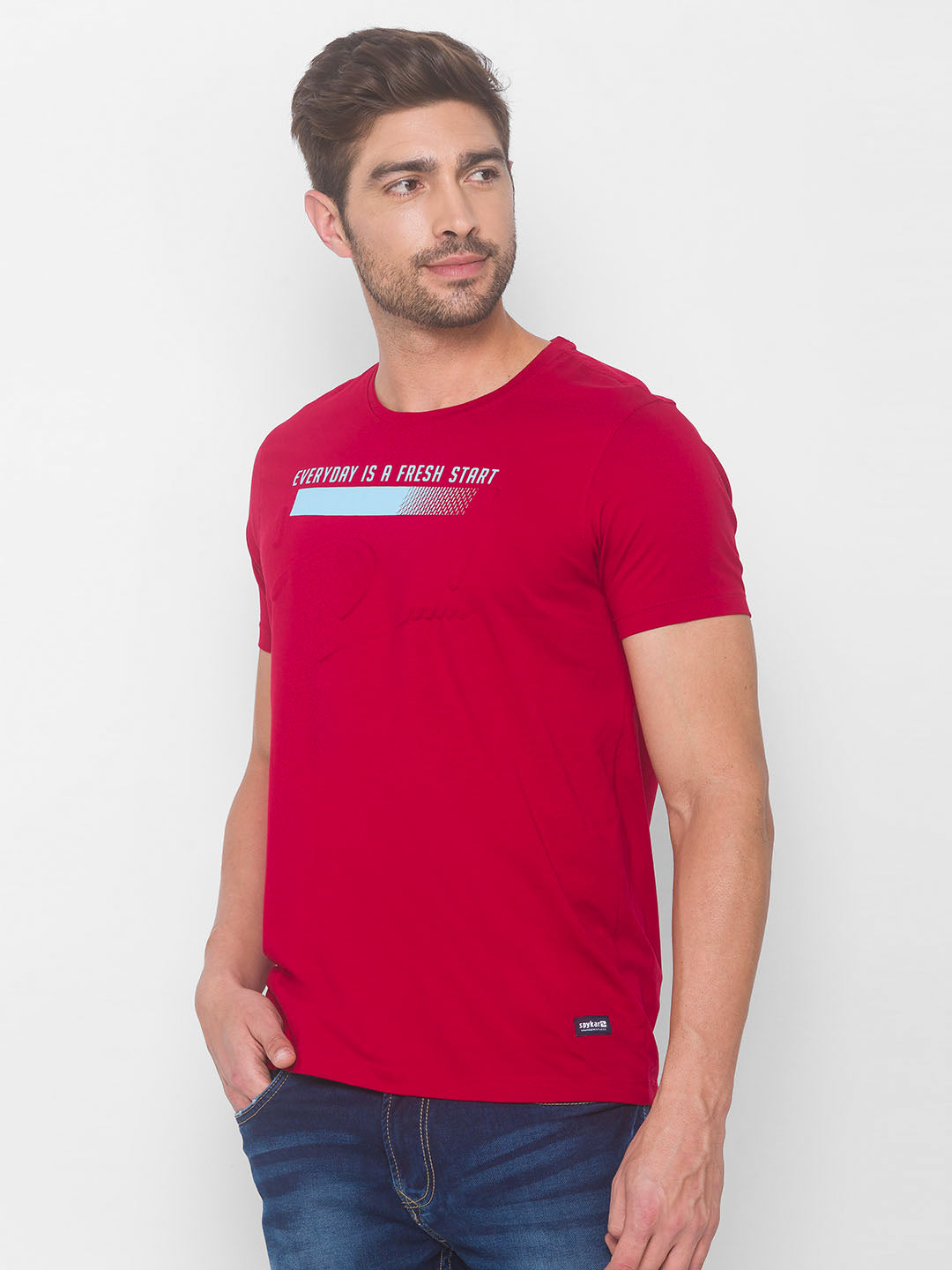 Spykar Men Red Cotton Slim Fit Round Neck T-Shirt