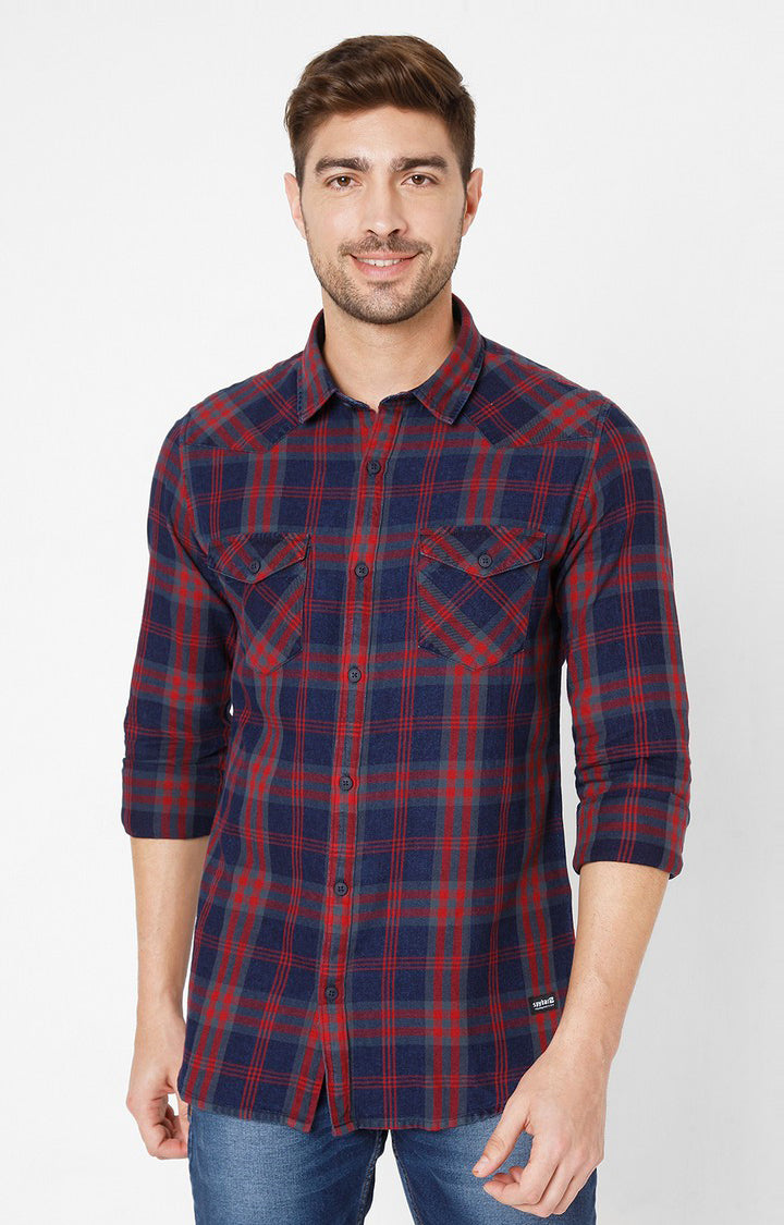 Spykar Red Cotton Slim Fit Shirts For Men