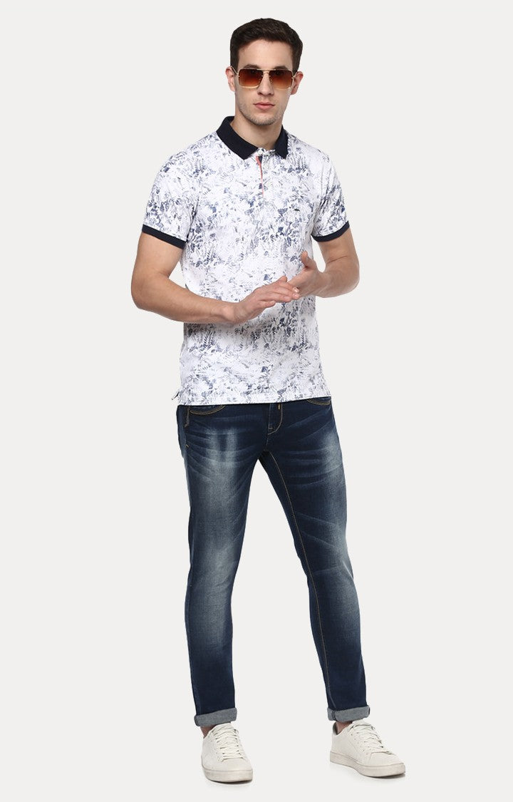 Spykar White Printed Slim Fit Polo T-Shirt