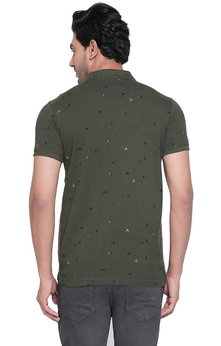 Spykar Olive Printed Slim Fit Polo T-Shirt