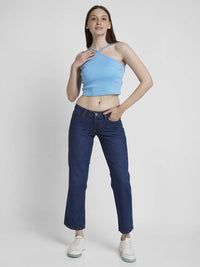 Spykar Women Dark Blue Cotton Straight Fit Regular Length Clean look Jeans -(Bella-low)
