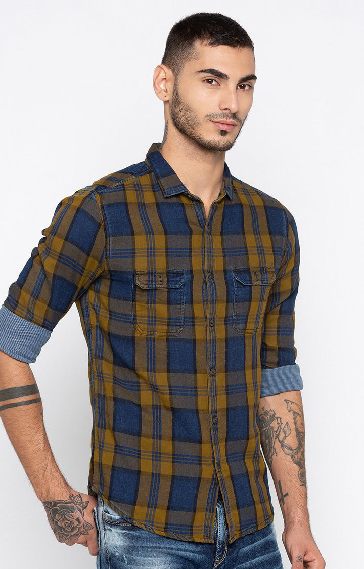 Spykar Men'S Blue Cotton Checked Casual Shirts