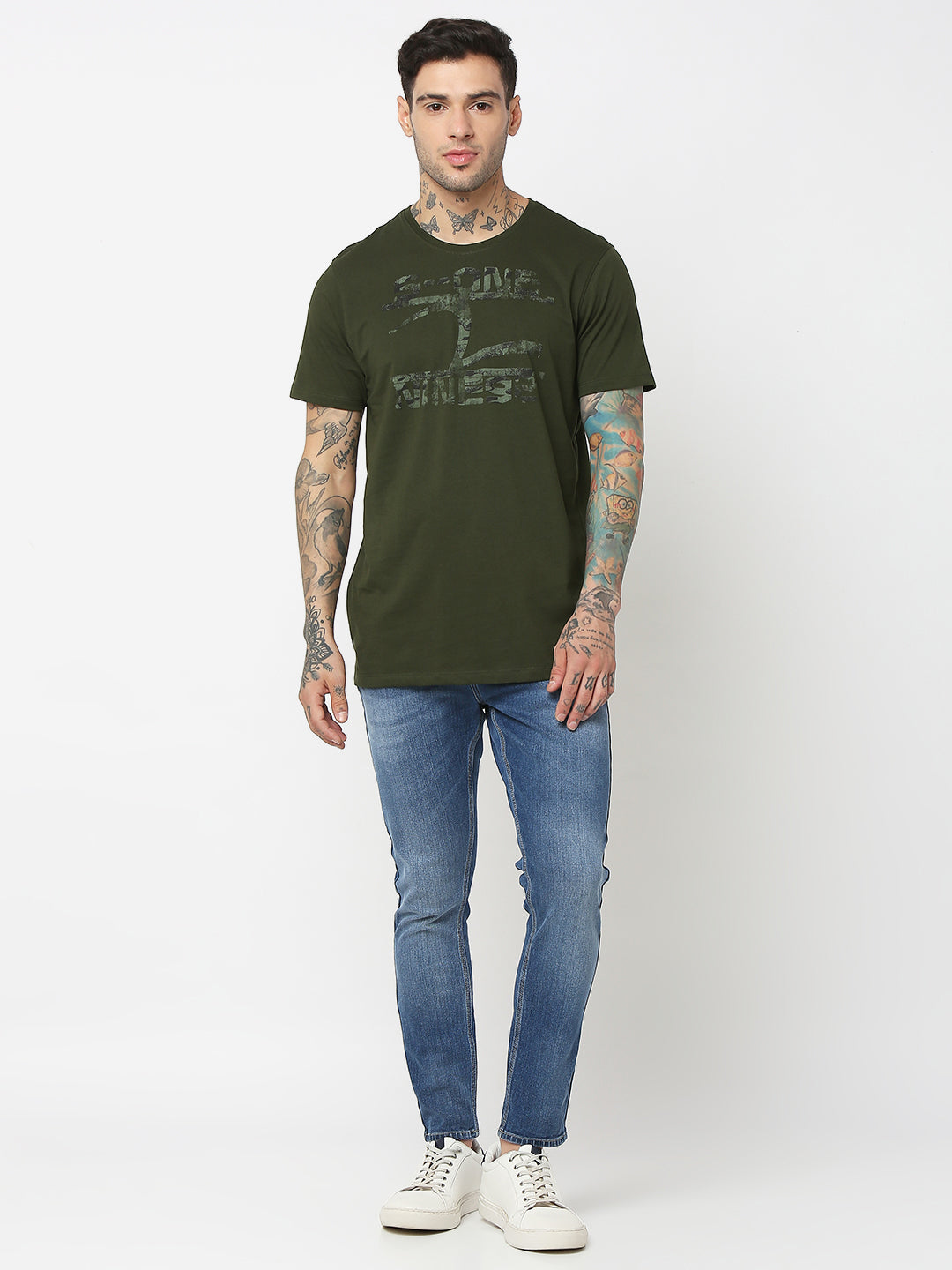 Spykar Men Olive Green Cotton Slim Fit Round Neck Printed T-Shirt