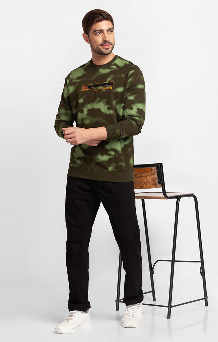 Spykar Rifle Green Cotton Full Sleeve Round Neck Sweatshirt For Men