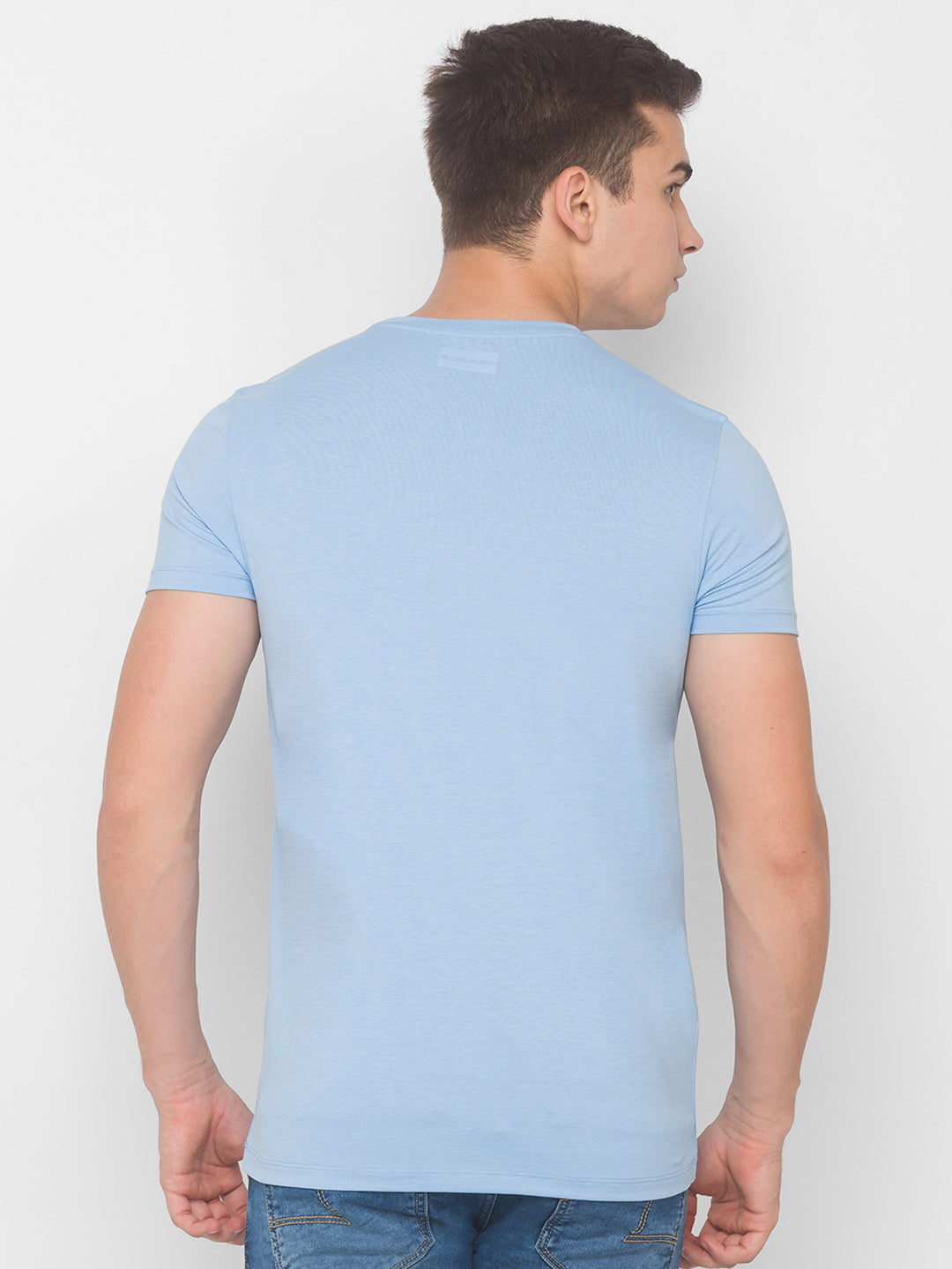 Spykar Men Blue Cotton Blend Slim Fit Round Neck T-Shirt