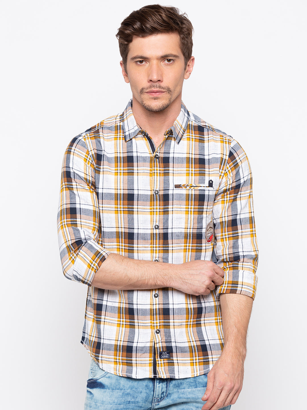 Spykar Men Mustard Checked Slim Fit Casual Shirt