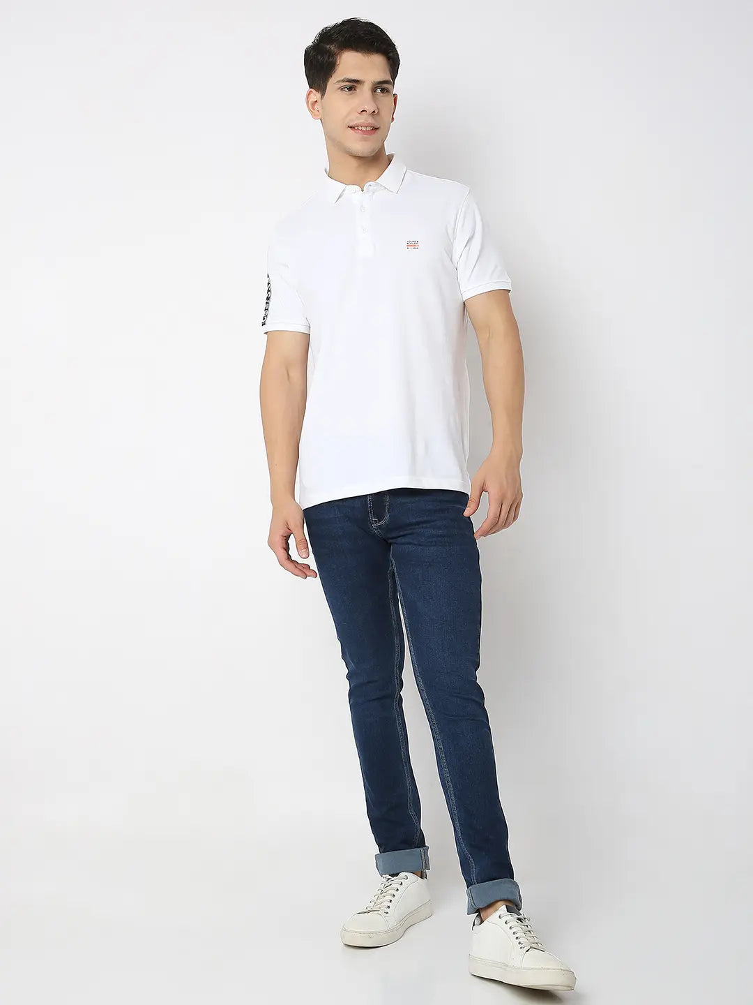 Spykar Men White Cotton Regular Fit Plain Polo Tshirt