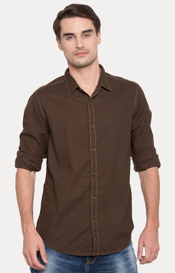 Spykar Men'S Brown Cotton Solid Casual Shirts