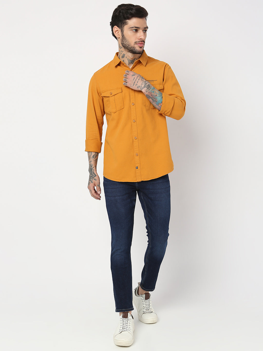 Spykar Men Mustard Cotton Slim Fit Plain Shirts