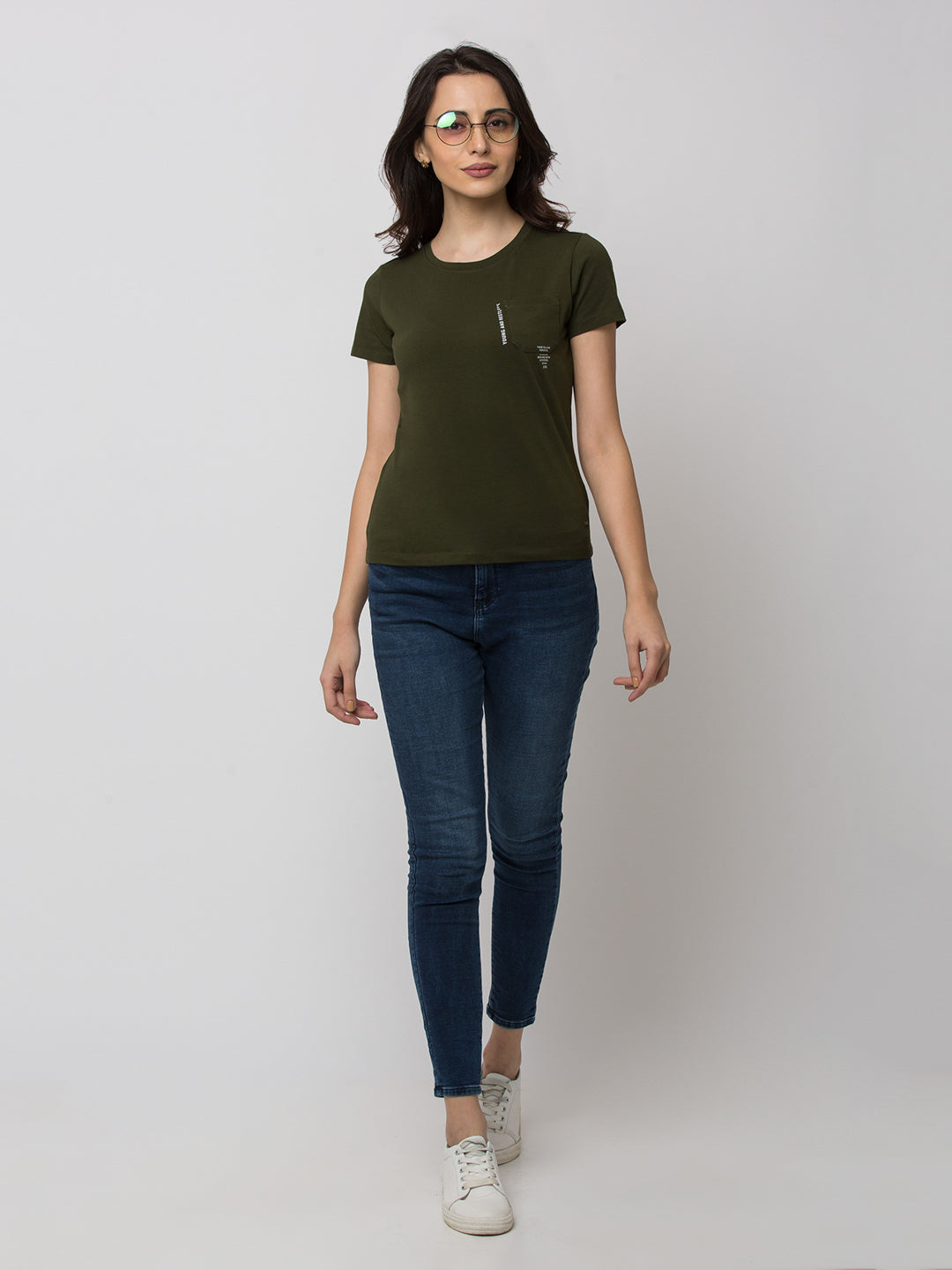 Spykar Women Green Lycra Regular Round Neck T-Shirt