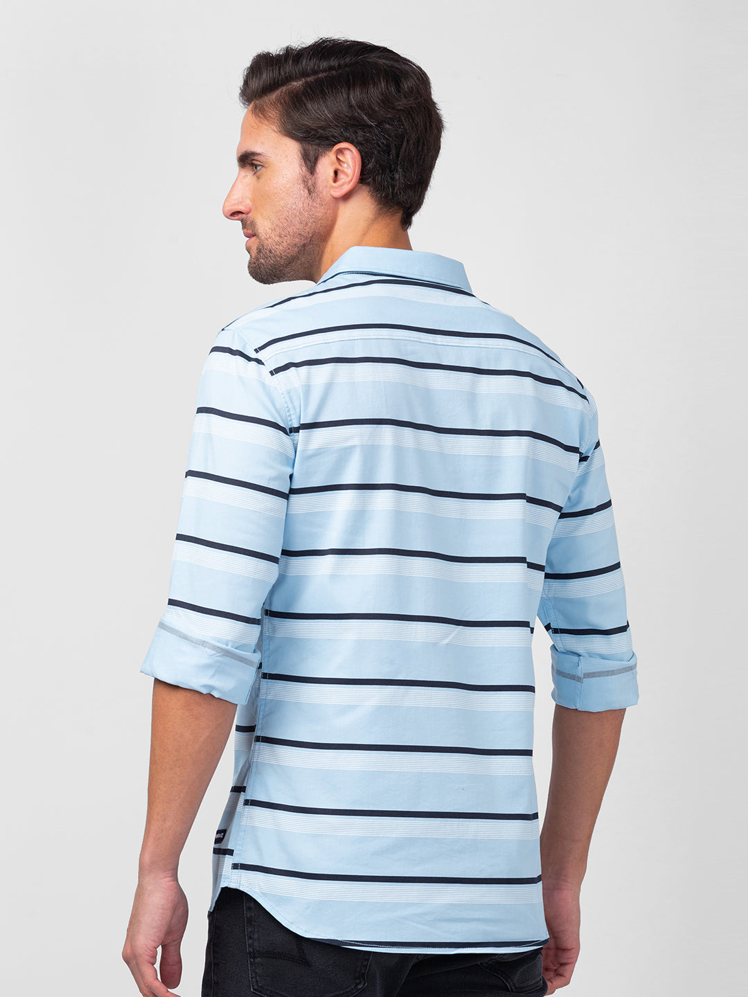 Spykar Men Sky Blue Cotton Slim Fit Striped Shirts