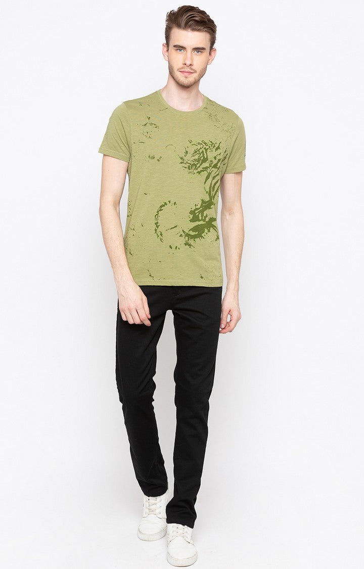 Spykar Light Olive Printed Slim Fit Men T-Shirts