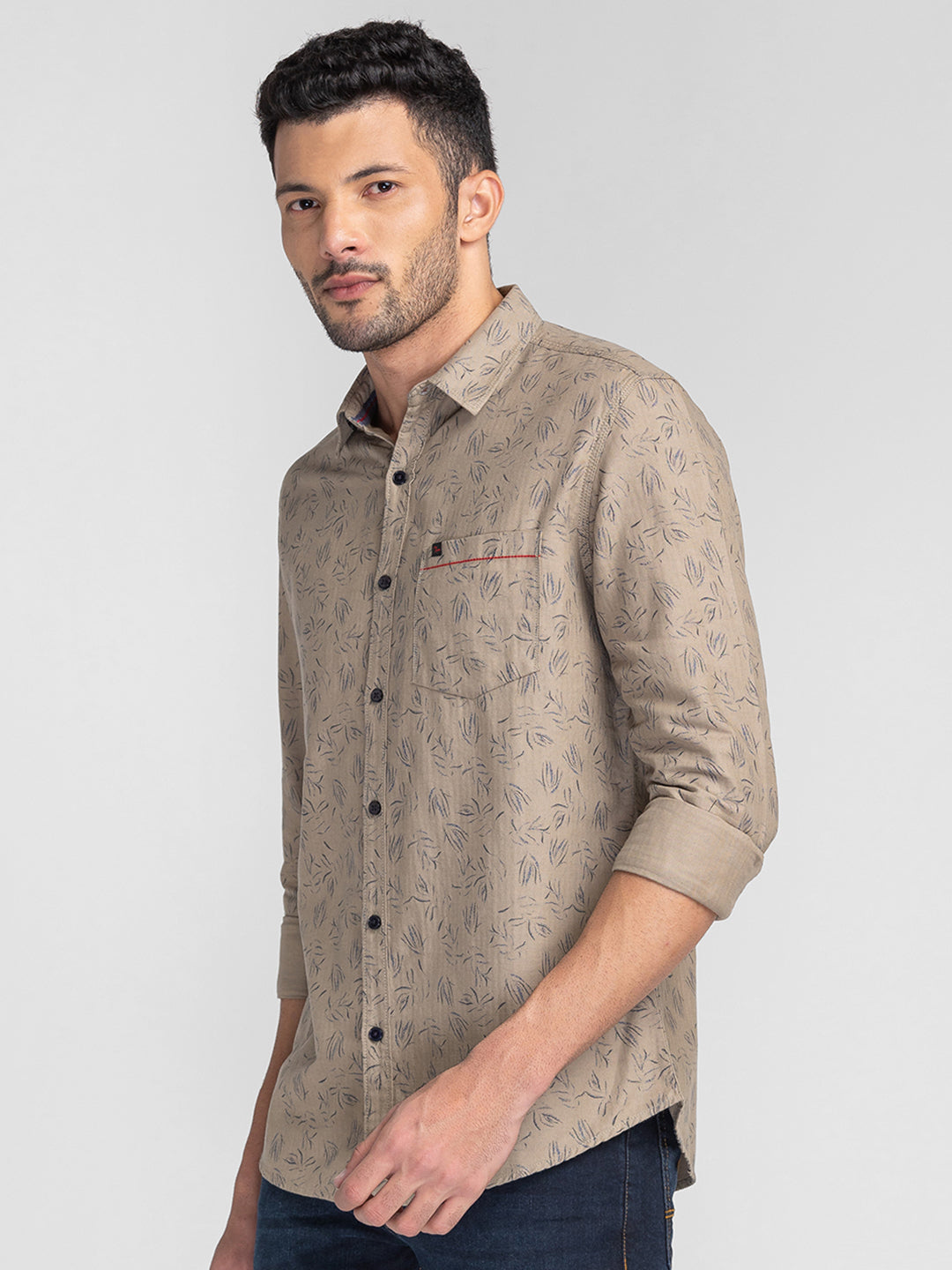 Spykar Men Beige Cotton Slim Fit Printed Shirts