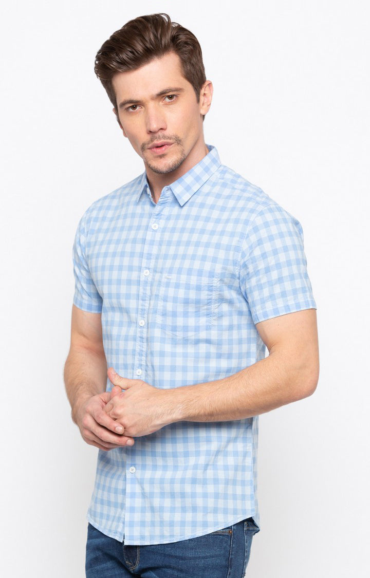 Spykar Men'S Blue Cotton Checked Casual Shirts