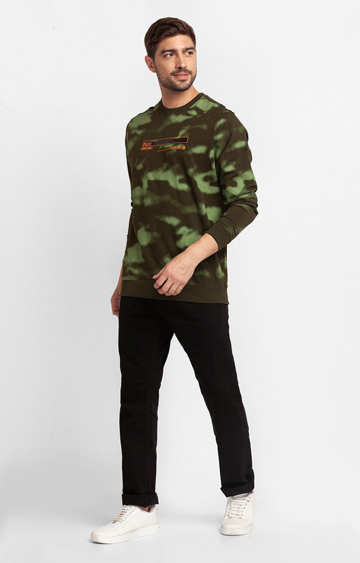 Spykar Rifle Green Cotton Full Sleeve Round Neck Sweatshirt For Men