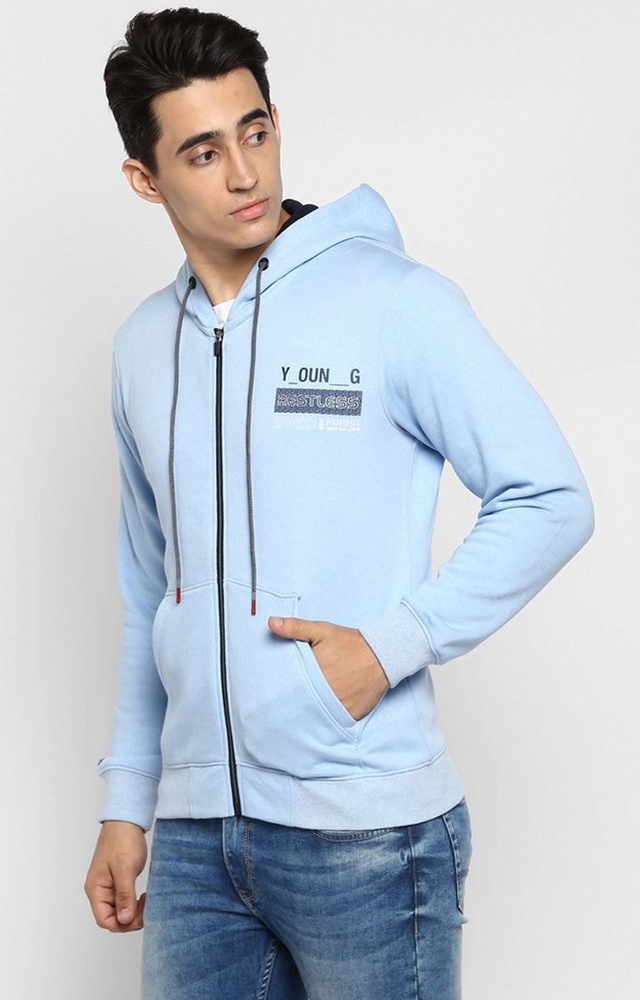 Spykar Men Blue Cotton Printed Full Sleeve Hooded Sweatshirt