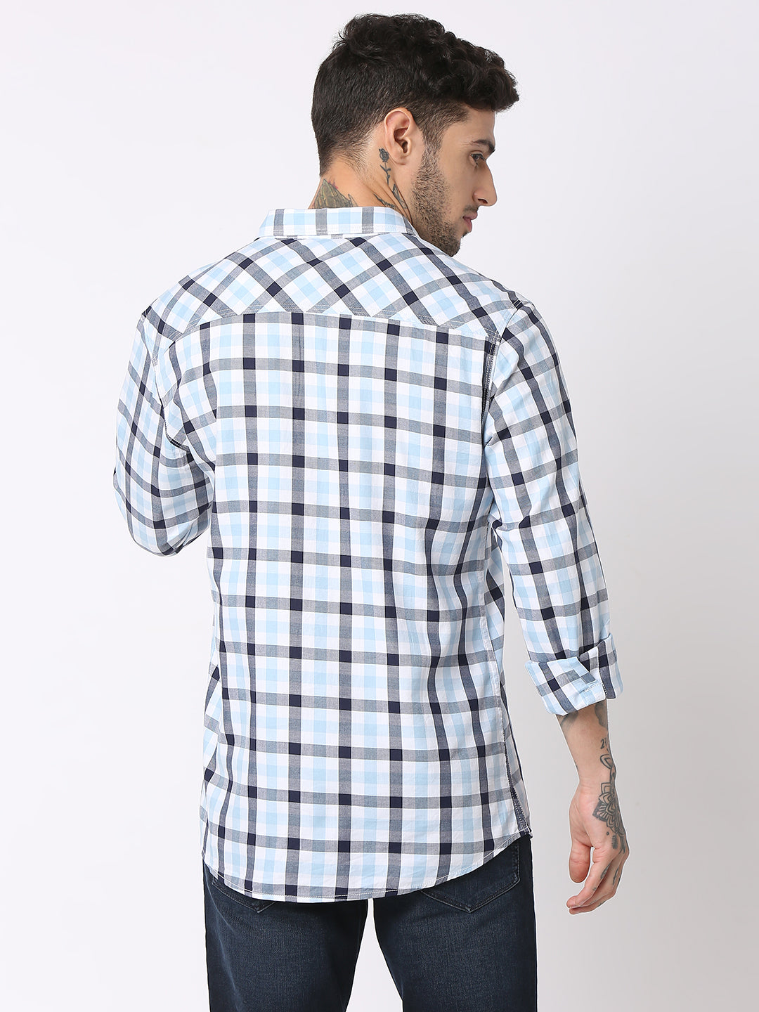 Spykar Men Sky Blue Cotton Regular Fit Checkered Shirts