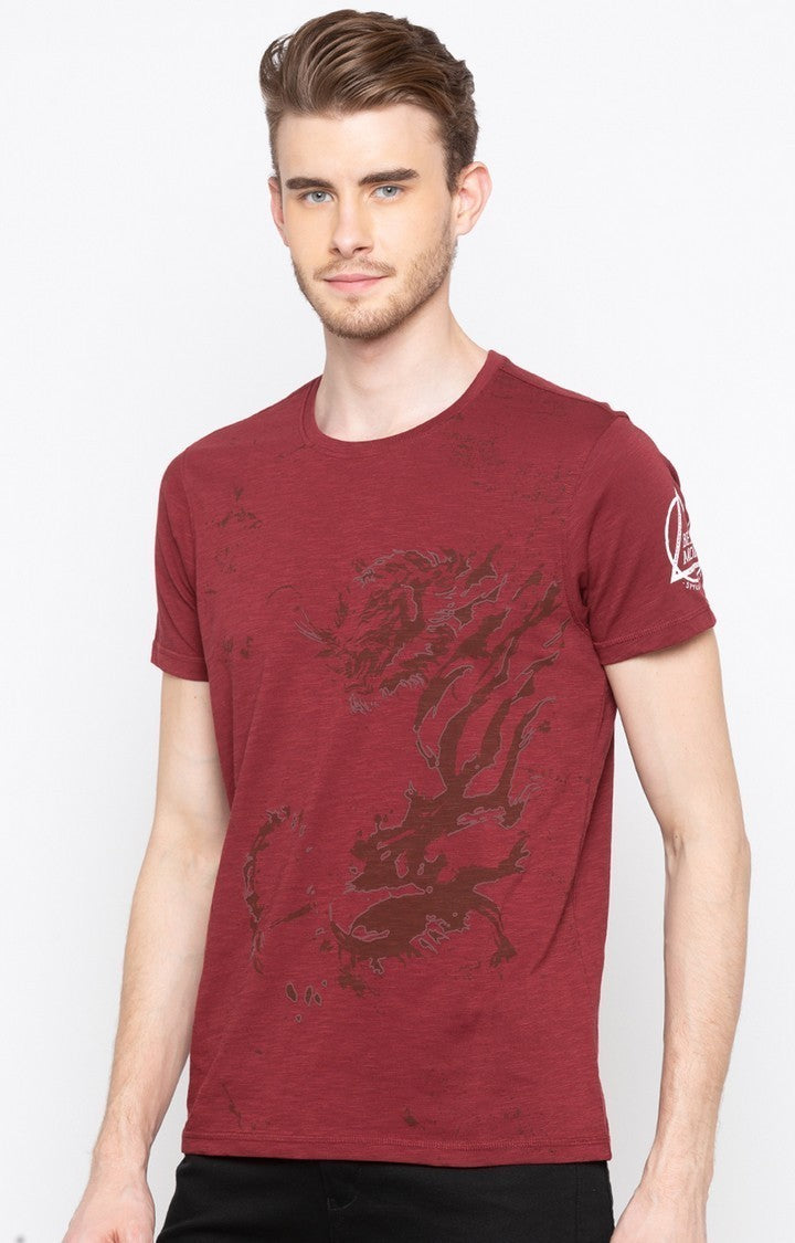 Spykar Wine Printed Slim Fit Men T-Shirts