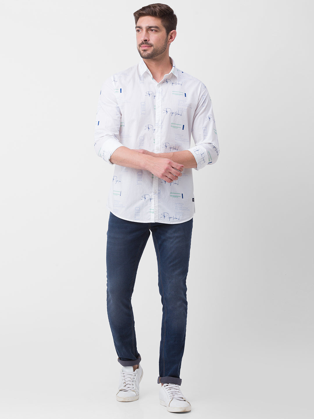 Spykar White Cotton Full Sleeve Printed Shirt For Men