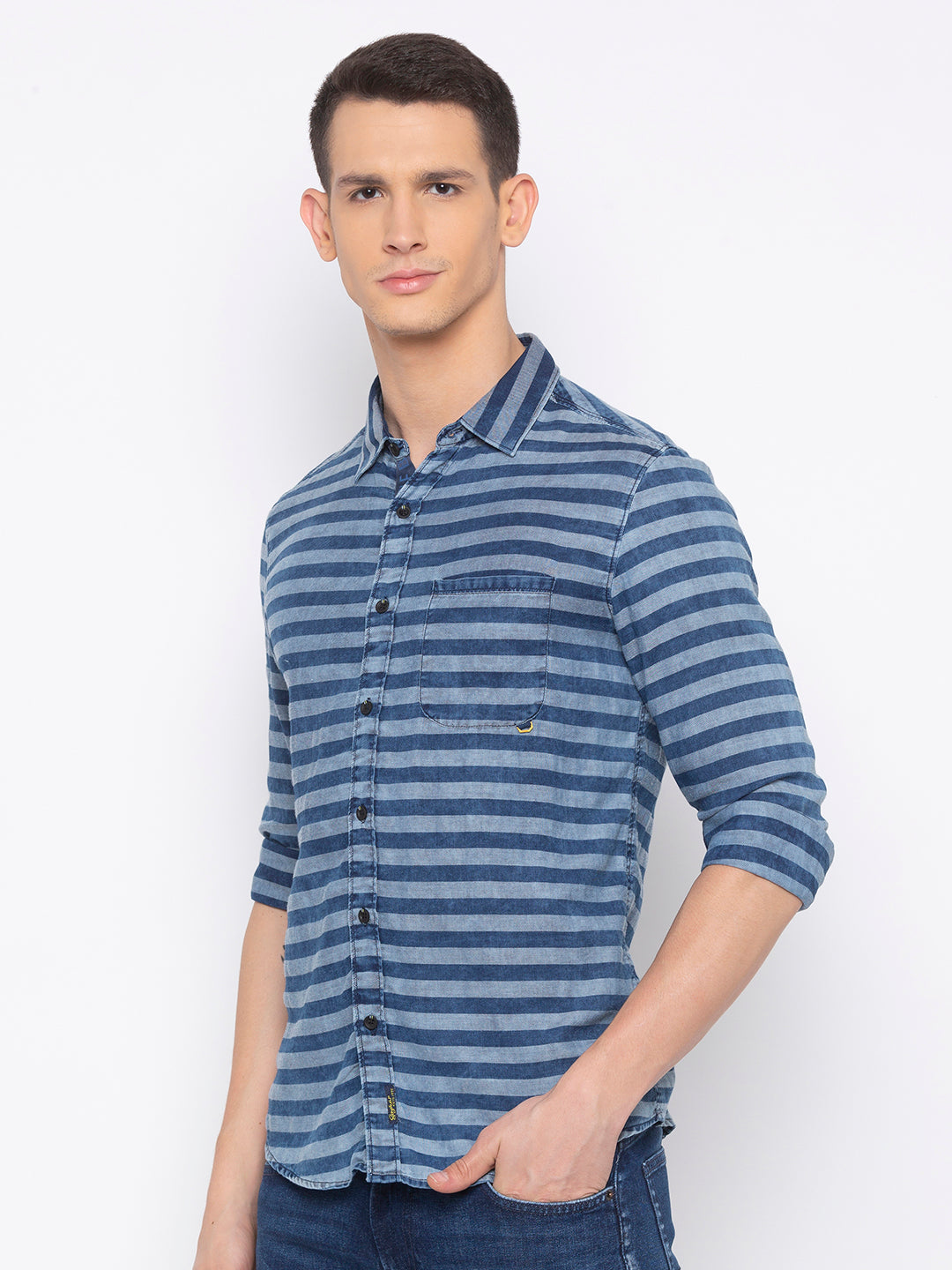 Spykar Men Blue Cotton Slim Casual Shirts