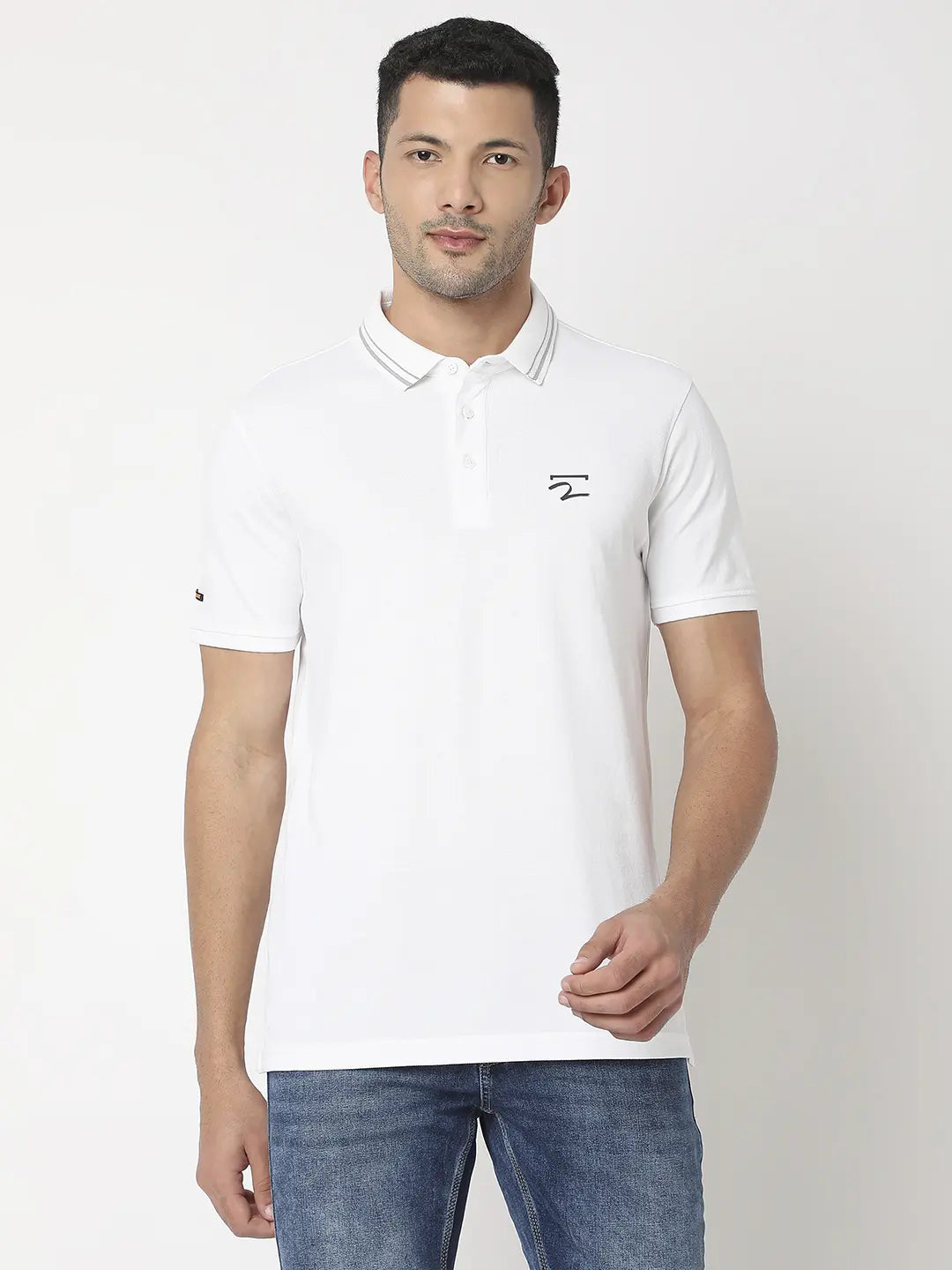 Spykar Men White Cotton Regular Fit Plain Polo Tshirt